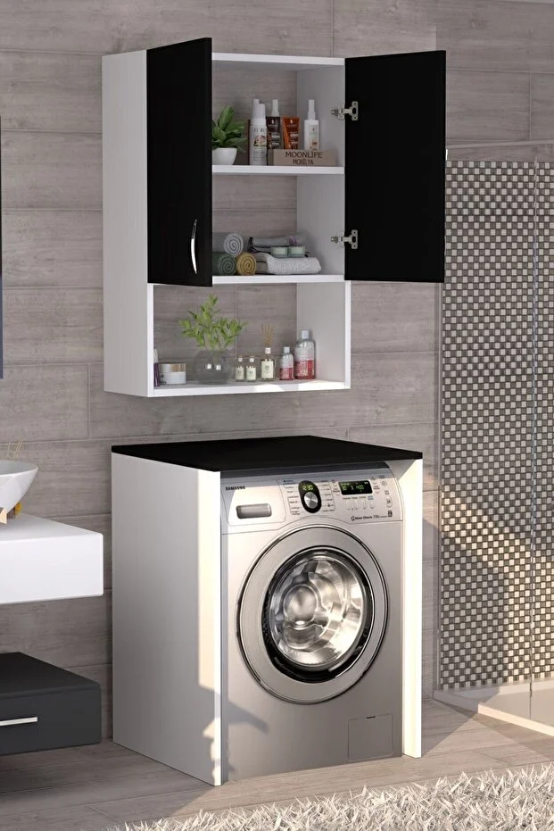 Üst Dolaplı Çok Amaçlı Çamaşır Makinesi Banyo Dolabı Beyaz